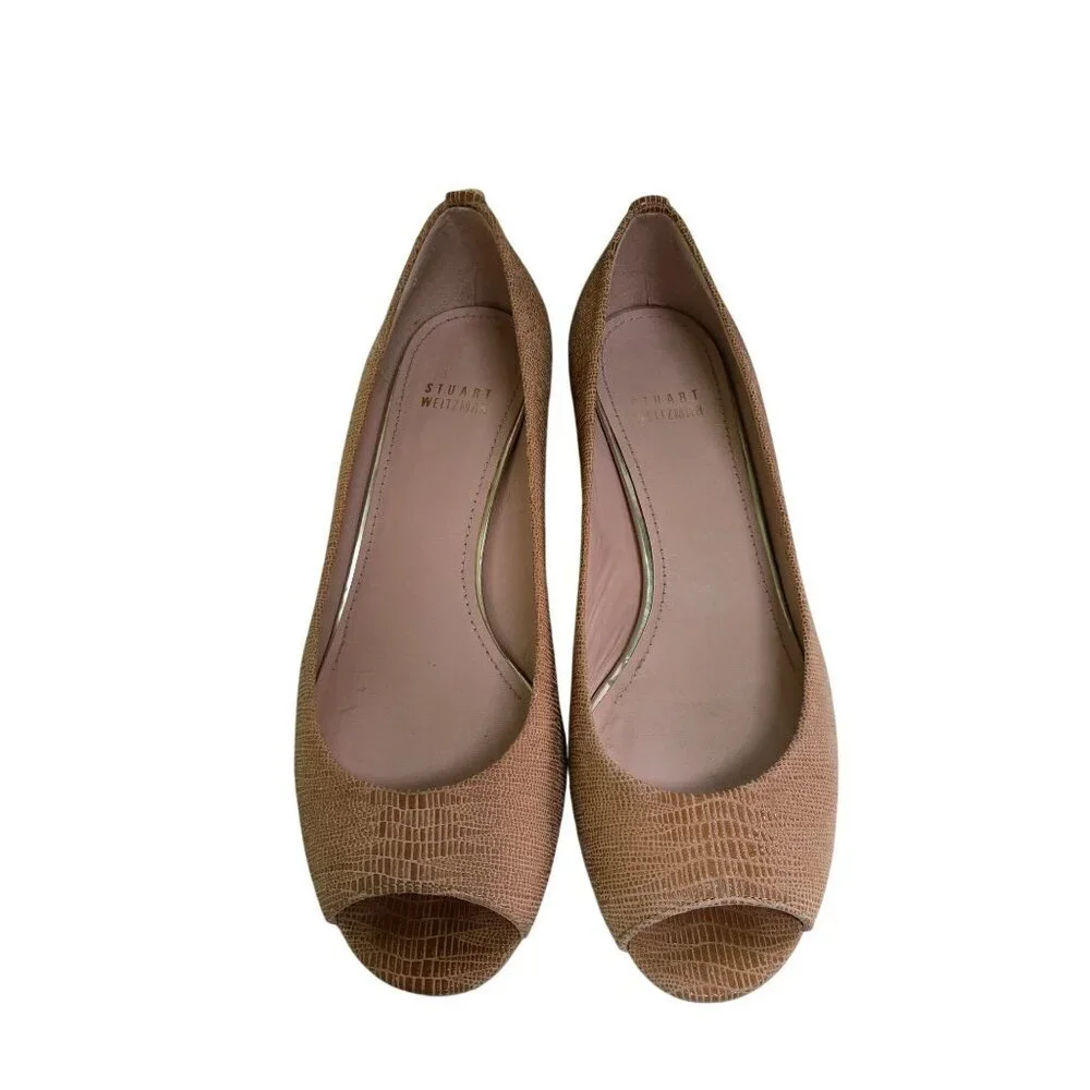 Stuart Weitzman Beige Lizard Embossed Logosavior Pumps Open Toe Size 7.5W